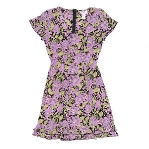 Vintage 90s CDC Wear Purple Floral Ruffle Hem Tie Back Short Sleeve Dress